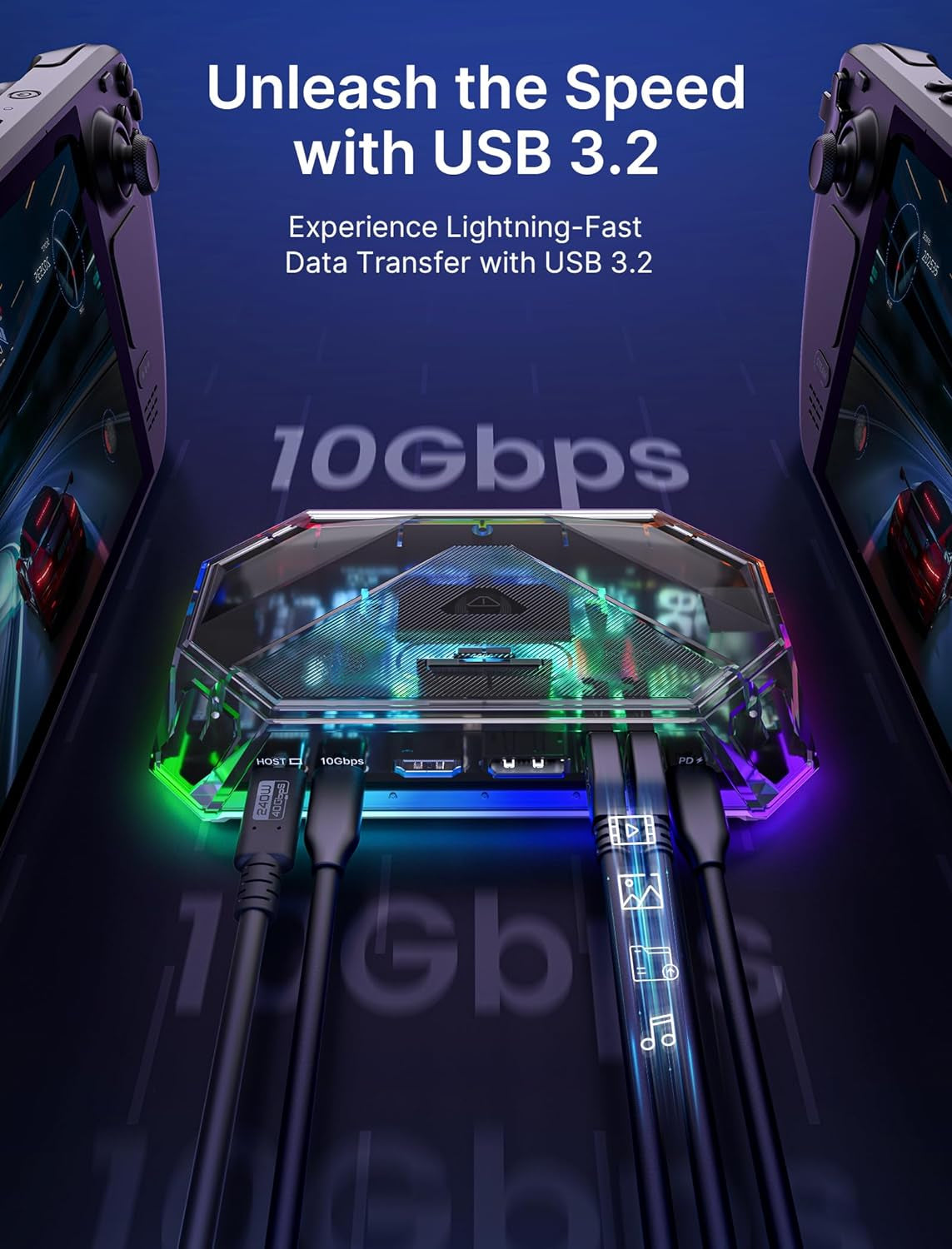 RGB Docking Station for Steam Deck (OLED)/ROG Ally/Legion Go, 12-In-1 Handheld Dock with 4K@120Hz HDMI & Displayport Gigabit Ethernet USB C 3.2 USB a 3.2/2.0, SD/TF Slots 3.5Mm Jack-Hb1201S