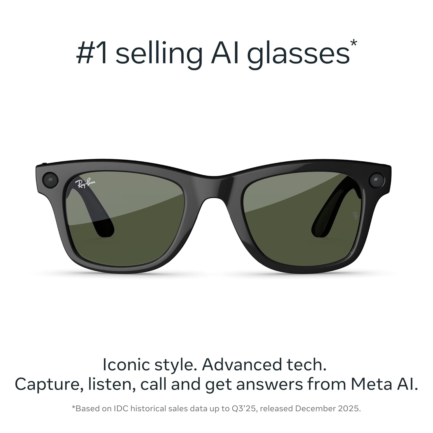 Ray-Ban Meta (Gen 2), Wayfarer, Shiny Black | Smart AI Glasses for Men, Women — 2X Battery Life — 3K HD Resolution — 12 MP Ultra-Wide Camera, Audio, Video — Green Lenses — Wearable Technology