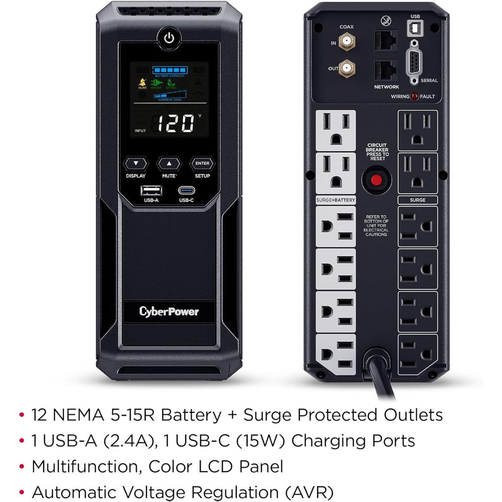 Cyberpower CP1500AVRLCD3 Intelligent LCD UPS Battery Backup and Surge Protector, 1500VA/900W, 12 Outlets, 2 USB Ports, AVR, Mini Tower, UL Certified