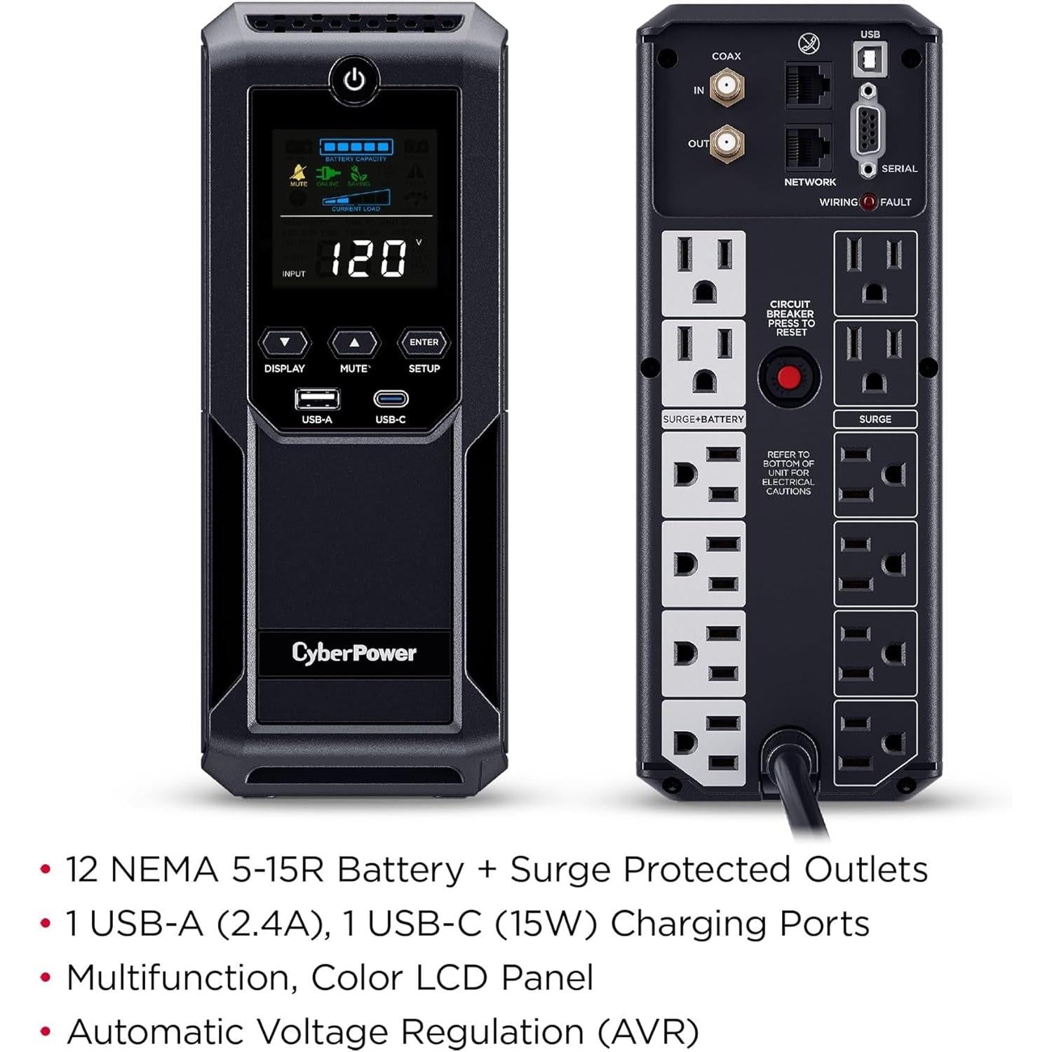 Cyberpower CP1500AVRLCD3 Intelligent LCD UPS Battery Backup and Surge Protector, 1500VA/900W, 12 Outlets, 2 USB Ports, AVR, Mini Tower, UL Certified