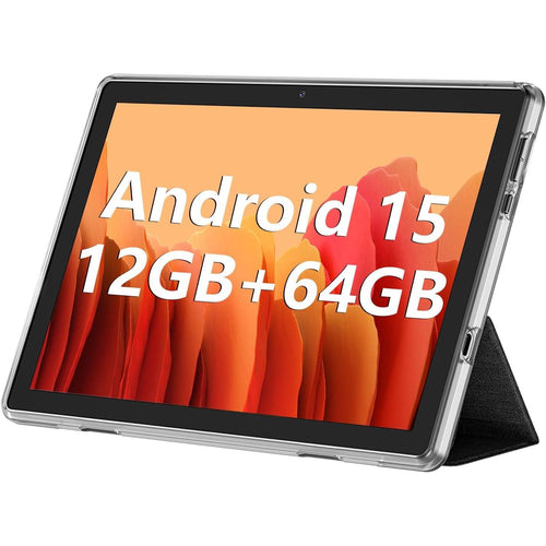 10.1 Inch Tablet, Android 15 Tablets 12GB(4+8) RAM / 64GB ROM / 1TB SD Card Expansion, 1280X800 IPS HD Touchscreen, 6000Mah Battery, Bluetooth 5.0, Dual Cameras, GMS, Dual Band Wifi, Black